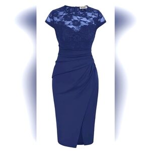 Grace Karin Cap Sleeve Ruched Fitted Front Slit Lace Party Dress Navy Si…